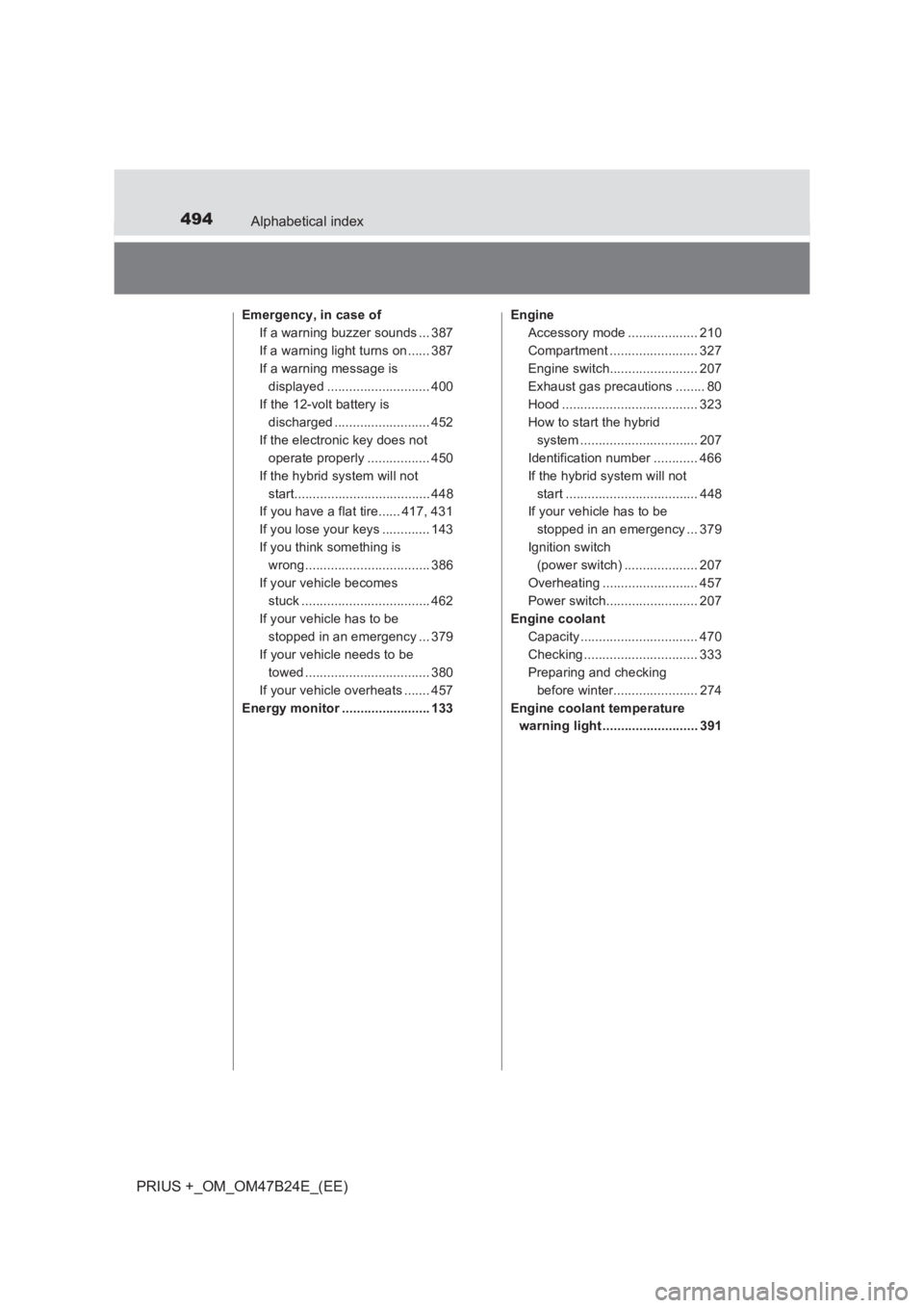 TOYOTA PRIUS PLUS 2017  Owners Manual 494Alphabetical index
PRIUS +_OM_OM47B24E_(EE)
Emergency, in case ofIf a warning buzzer sounds ... 387
If a warning light turns on ...... 387
If a warning message is displayed ........................