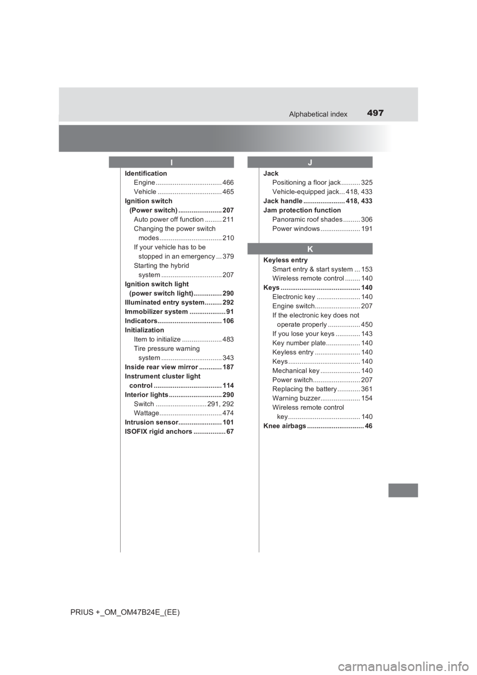TOYOTA PRIUS PLUS 2017  Owners Manual 497Alphabetical index
PRIUS +_OM_OM47B24E_(EE)
IdentificationEngine ................................... 466
Vehicle .................................. 465
Ignition switch  (Power switch) .............