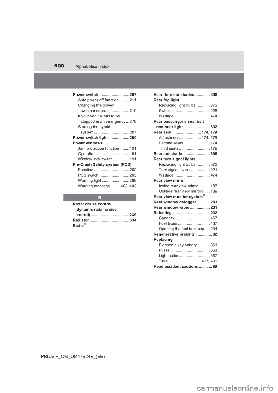 TOYOTA PRIUS PLUS 2017  Owners Manual 500Alphabetical index
PRIUS +_OM_OM47B24E_(EE)
Power switch ............................ 207Auto power off function ......... 211
Changing the power switch modes...................... 210
If your vehi