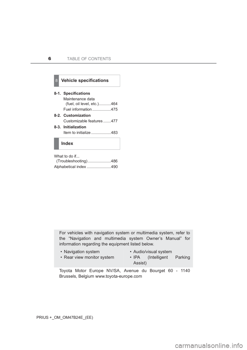 TOYOTA PRIUS PLUS 2017 Owners Manual TABLE OF CONTENTS6
PRIUS +_OM_OM47B24E_(EE)8-1. Specifications
Maintenance data (fuel, oil level, etc.)...........464
Fuel information .................475
8-2. Customization Customizable features ... TOYOTA PRIUS PLUS 2017 Owners Manual TABLE OF CONTENTS6
PRIUS +_OM_OM47B24E_(EE)8-1. Specifications
Maintenance data (fuel, oil level, etc.)...........464
Fuel information .................475
8-2. Customization Customizable features ...