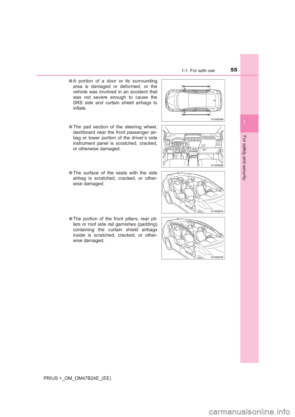 TOYOTA PRIUS PLUS 2017 Workshop Manual 551-1. For safe use
1
PRIUS +_OM_OM47B24E_(EE)
For safety and security
●A portion of a door or its surrounding
area is damaged or deformed, or the
vehicle was involved in an accident that
was not se