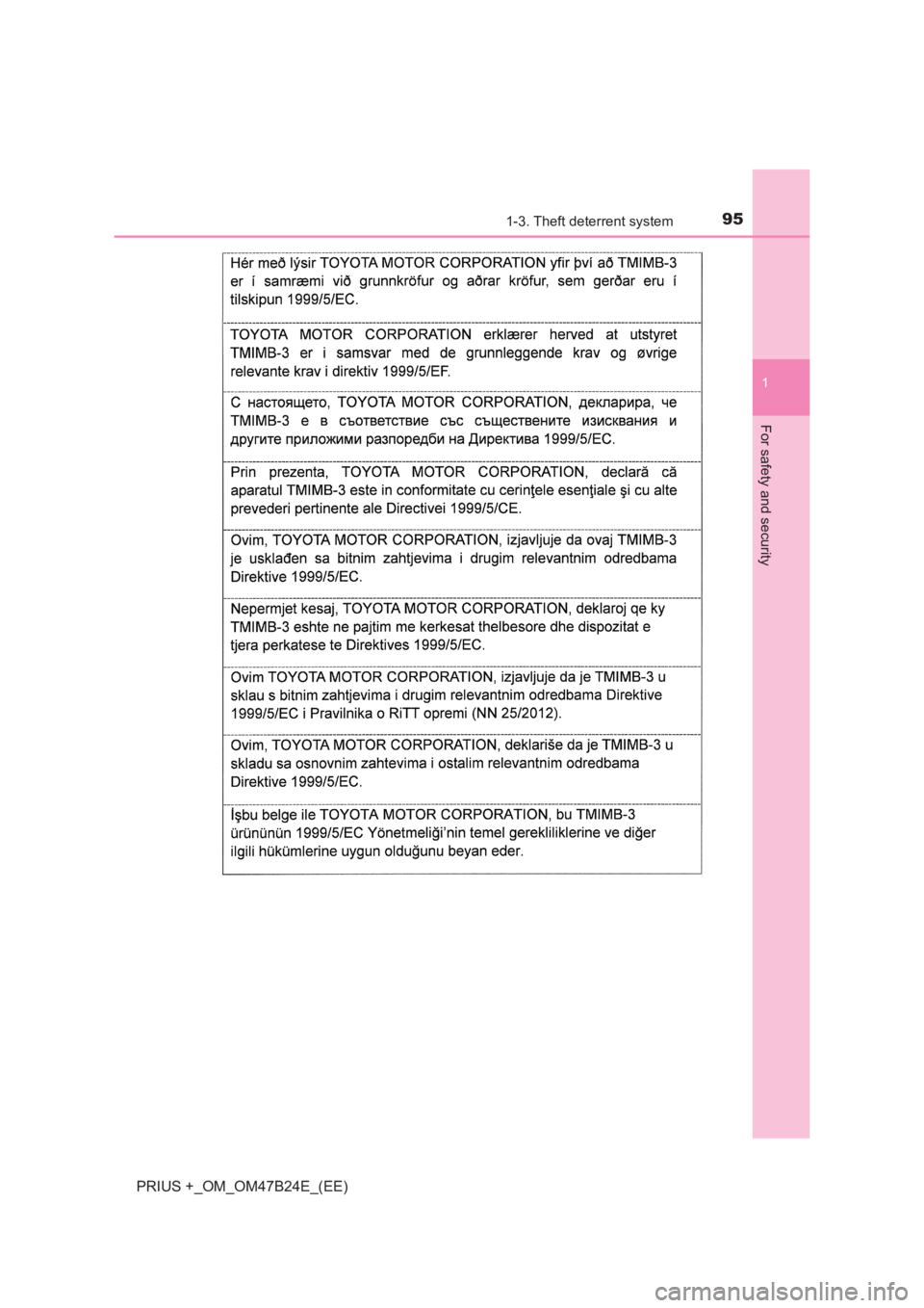 TOYOTA PRIUS PLUS 2017  Owners Manual 951-3. Theft deterrent system
1
PRIUS +_OM_OM47B24E_(EE)
For safety and security 