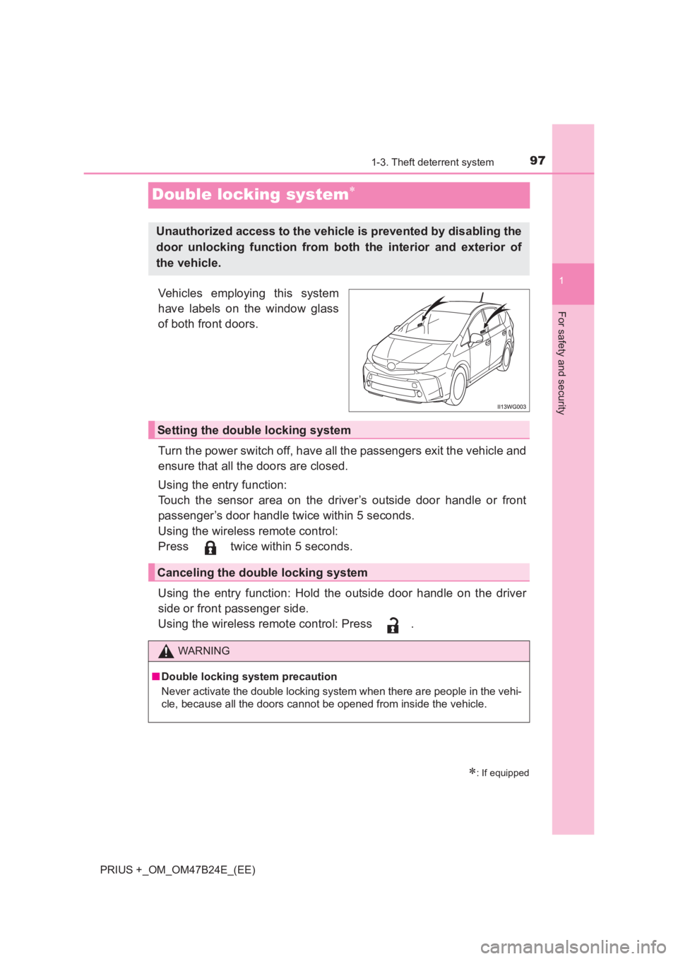 TOYOTA PRIUS PLUS 2017  Owners Manual 97
1
1-3. Theft deterrent system
PRIUS +_OM_OM47B24E_(EE)
For safety and security
Double locking system∗
Vehicles employing this system
have labels on the window glass
of both front doors.
Turn the 