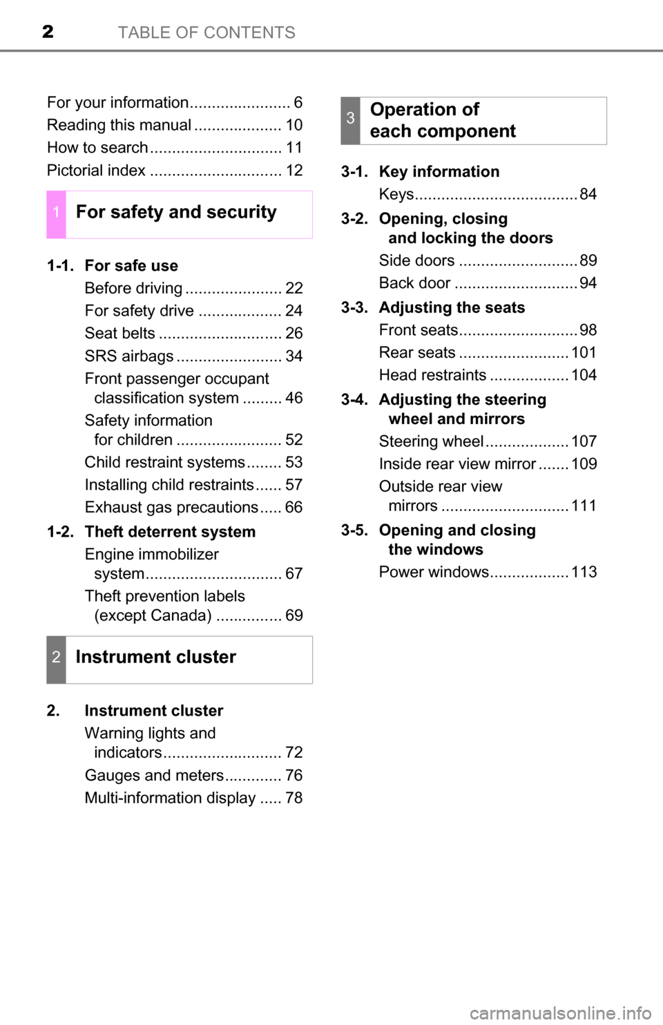 TOYOTA YARIS 2016 3.G Owners Manual TABLE OF CONTENTS2
For your information....................... 6
Reading this manual .................... 10
How to search .............................. 11
Pictorial index ........................... TOYOTA YARIS 2016 3.G Owners Manual TABLE OF CONTENTS2
For your information....................... 6
Reading this manual .................... 10
How to search .............................. 11
Pictorial index ...........................