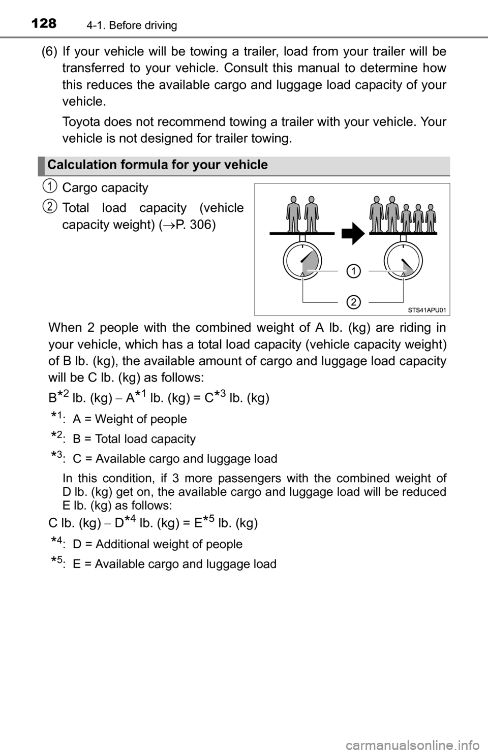 TOYOTA YARIS 2016 3.G Owners Manual 1284-1. Before driving
(6) If your vehicle will be towing a trailer, load from your trailer will be
transferred to your vehicle. Consult this manual to determine how
this reduces the available cargo  