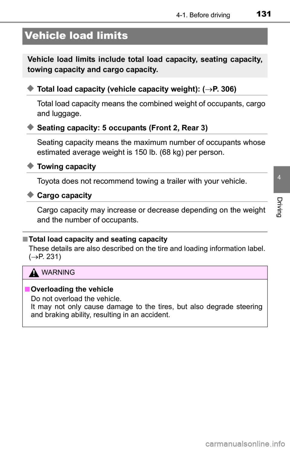 TOYOTA YARIS 2016 3.G Owners Manual 1314-1. Before driving
4
Driving
Vehicle load limits
◆Total load capacity (vehicle capacity weight): (P. 306)
Total load capacity means the combined weight of occupants, cargo
and luggage.
◆Sea