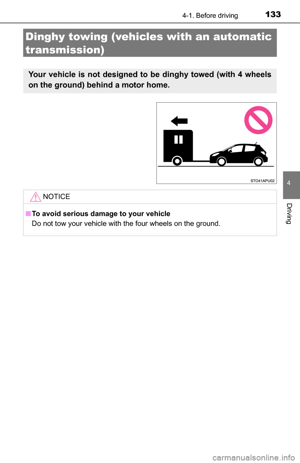 TOYOTA YARIS 2016 3.G Owners Manual 1334-1. Before driving
4
Driving
Dinghy towing (vehicles with an automatic 
transmission)
Your vehicle is not designed to be dinghy towed (with 4 wheels
on the ground) behind a motor home.
NOTICE
■ 