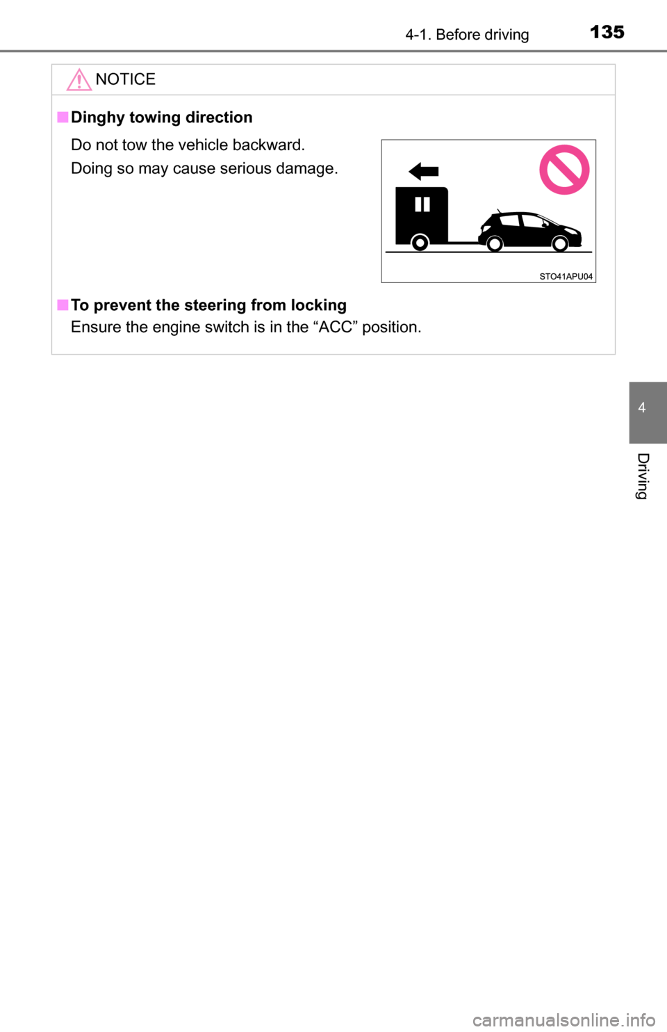 TOYOTA YARIS 2016 3.G Owners Guide 1354-1. Before driving
4
Driving
NOTICE
■Dinghy towing direction
■ To prevent the steering from locking
Ensure the engine switch is in the “ACC” position.
Do not tow the vehicle backward.
Doin