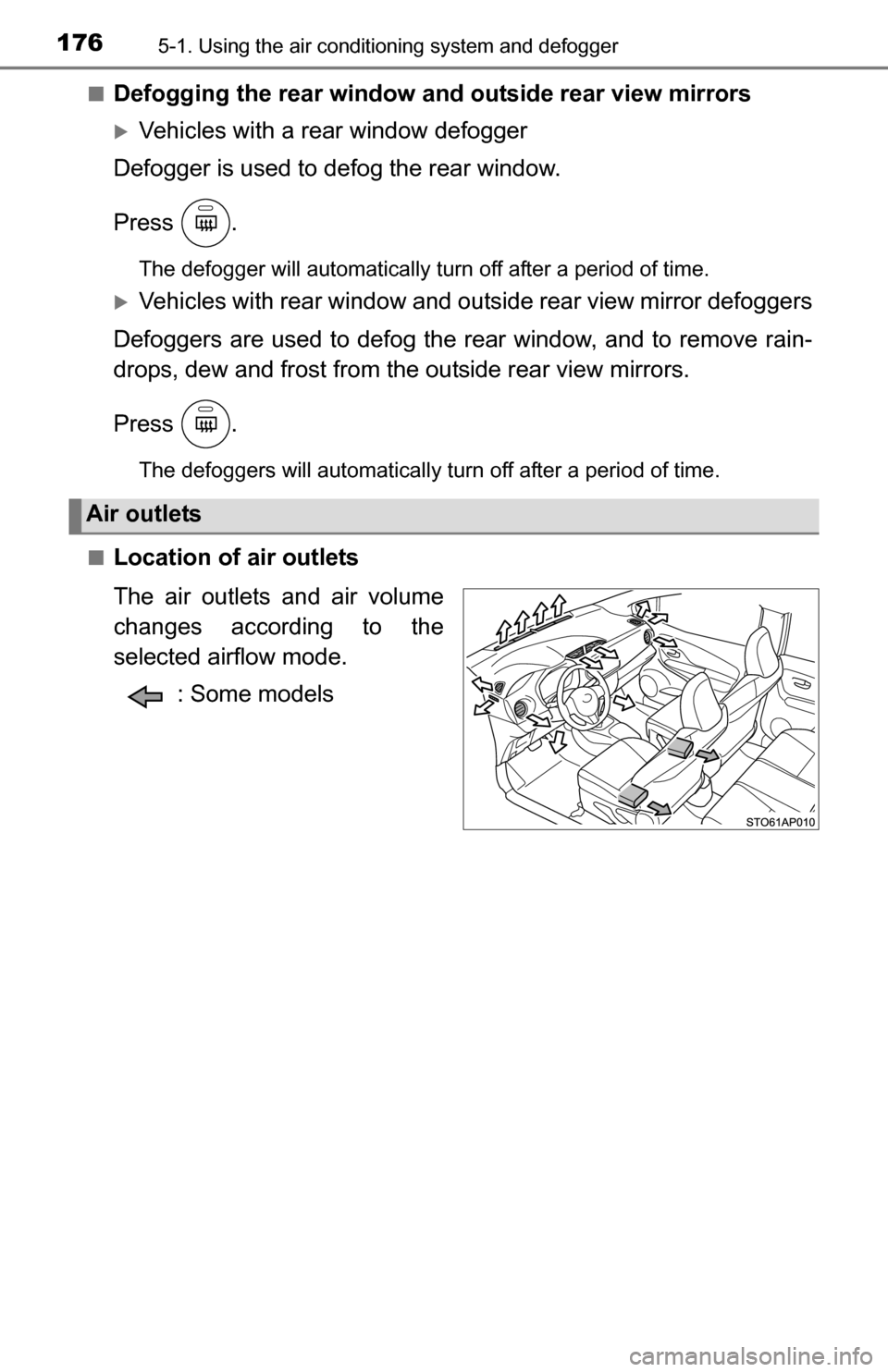 TOYOTA YARIS 2016 3.G User Guide 1765-1. Using the air conditioning system and defogger
■Defogging the rear window and outside rear view mirrors
Vehicles with a rear window defogger
Defogger is used to defog the rear window.
Pre