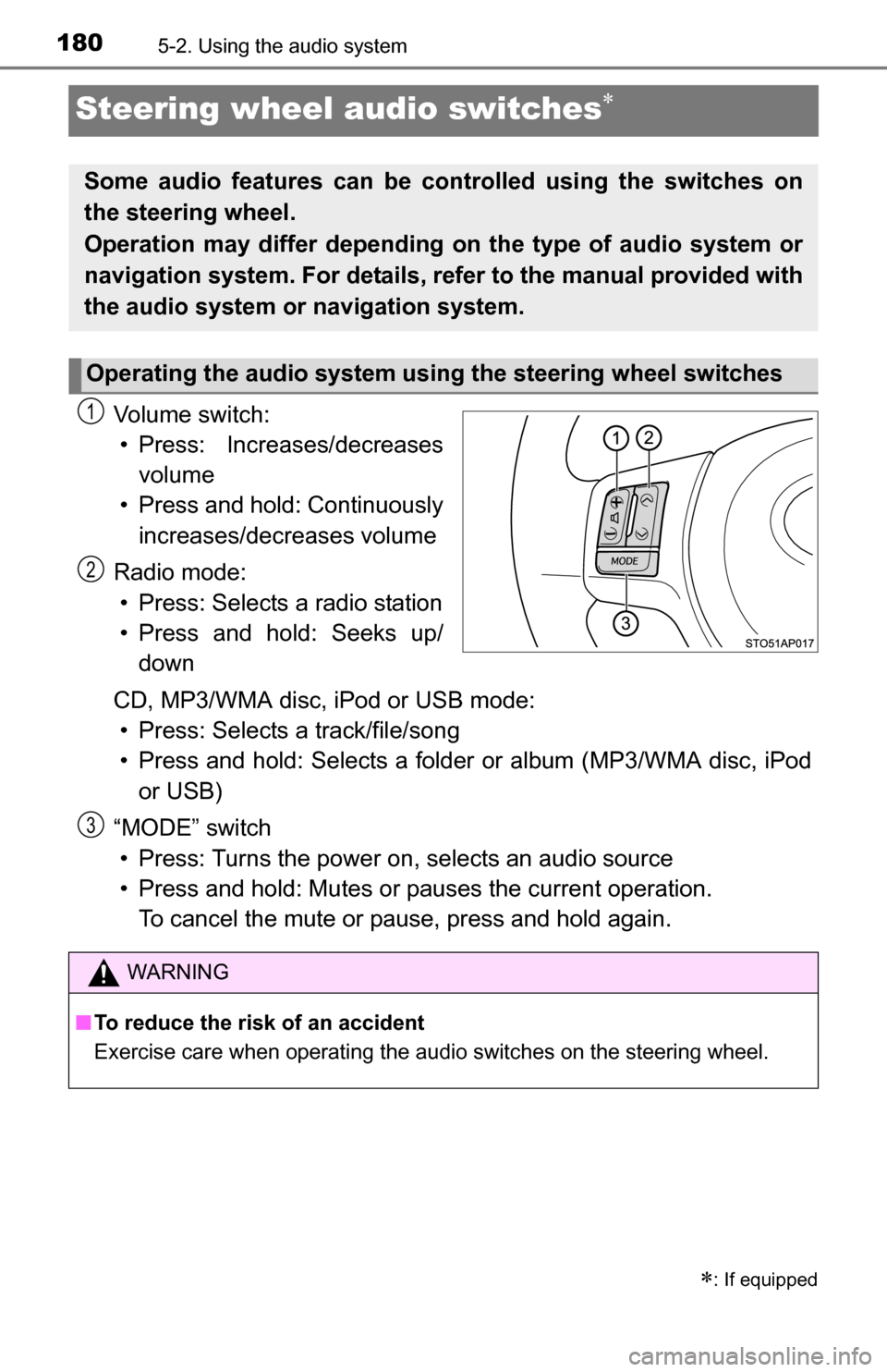 TOYOTA YARIS 2016 3.G Owners Manual 1805-2. Using the audio system
Steering wheel audio switches
Vo l u m e  s w i t c h :• Press: Increases/decreases volume
• Press and hold: Continuously increases/decreases volume
Radio mode: �