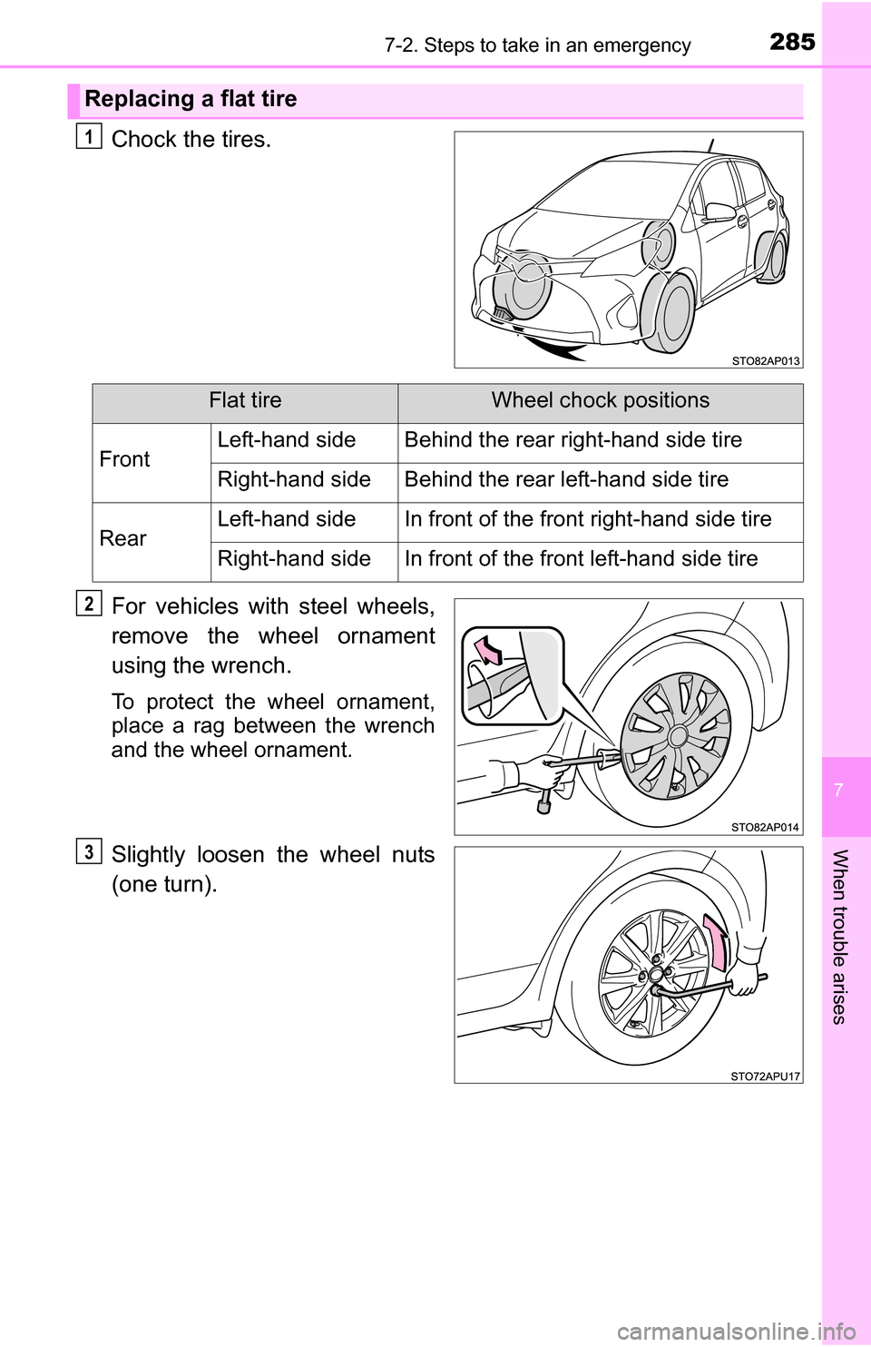 TOYOTA YARIS 2016 3.G Owners Manual 2857-2. Steps to take in an emergency
7
When trouble arises
Chock the tires.
For vehicles with steel wheels,
remove the wheel ornament
using the wrench.
To protect the wheel ornament,
place a rag betw
