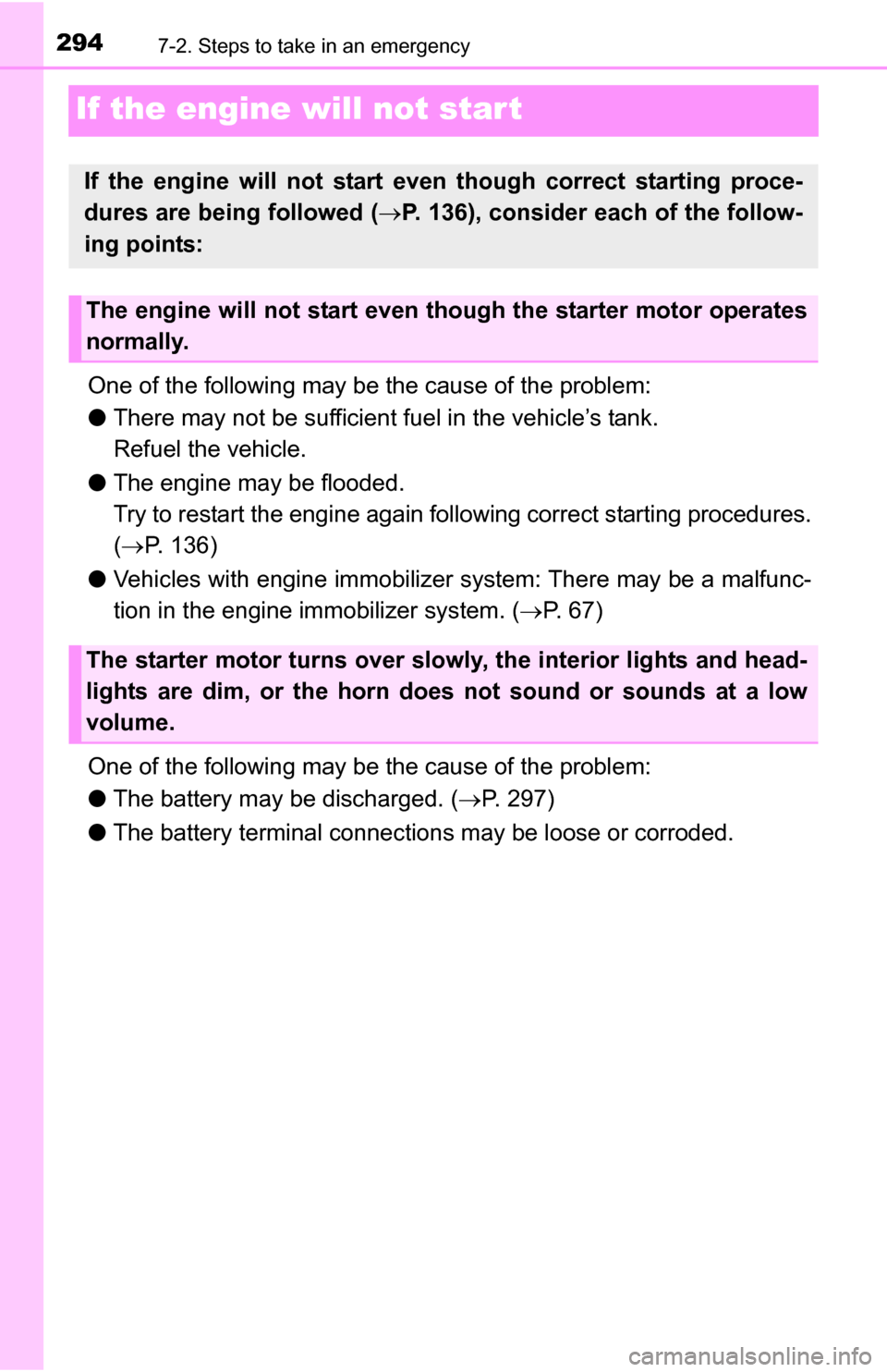 TOYOTA YARIS 2016 3.G Owners Manual 2947-2. Steps to take in an emergency
If the engine will not start
One of the following may be the cause of the problem:
●There may not be sufficient fuel in the vehicle’s tank. 
Refuel the vehicl