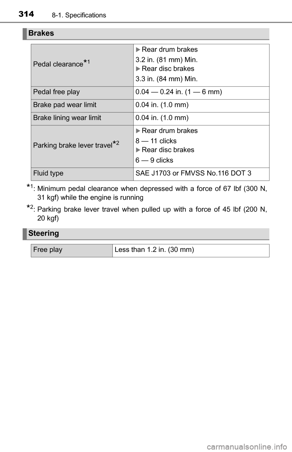 TOYOTA YARIS 2016 3.G Owners Manual 3148-1. Specifications
*1: Minimum pedal clearance when depressed with a force of 67 lbf (300 N,31 kgf) while the engine is running
*2: Parking brake lever travel when pulled up with a force of 45 lbf TOYOTA YARIS 2016 3.G Owners Manual 3148-1. Specifications
*1: Minimum pedal clearance when depressed with a force of 67 lbf (300 N,31 kgf) while the engine is running
*2: Parking brake lever travel when pulled up with a force of 45 lbf