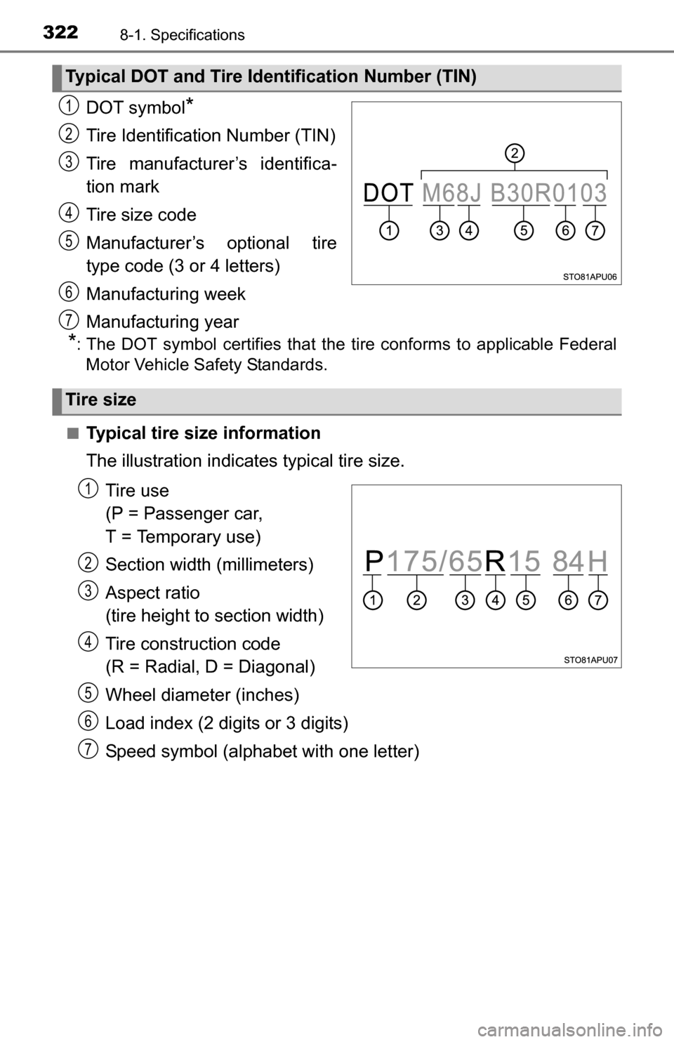 TOYOTA YARIS 2016 3.G User Guide 3228-1. Specifications
DOT symbol*
Tire Identification Number (TIN)
Tire manufacturer’s identifica-
tion mark
Tire size code
Manufacturer’s optional tire
type code (3 or 4 letters)
Manufacturing w