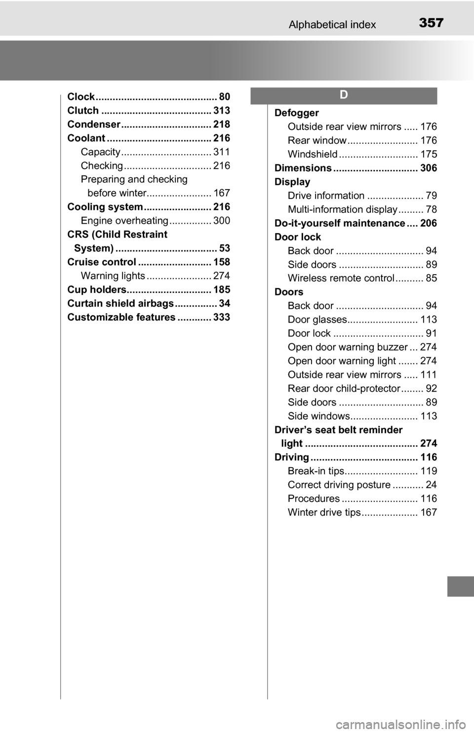 TOYOTA YARIS 2016 3.G Owners Manual 357Alphabetical index
Clock ........................................... 80
Clutch ....................................... 313
Condenser ................................ 218
Coolant ...................