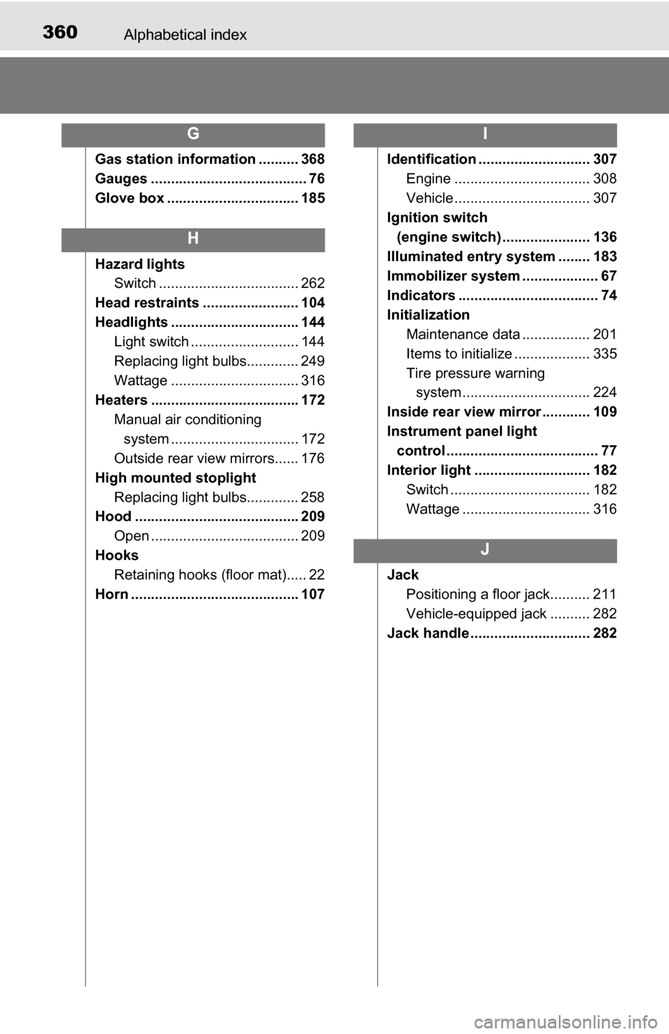 TOYOTA YARIS 2016 3.G Owners Manual 360Alphabetical index
Gas station information .......... 368
Gauges ....................................... 76
Glove box ................................. 185
Hazard lightsSwitch .....................