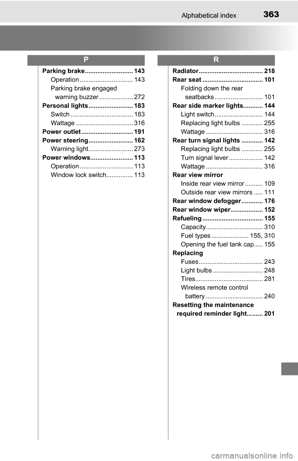 TOYOTA YARIS 2016 3.G Service Manual 363Alphabetical index
Parking brake ........................... 143Operation .............................. 143
Parking brake engaged warning buzzer ................... 272
Personal lights ...........