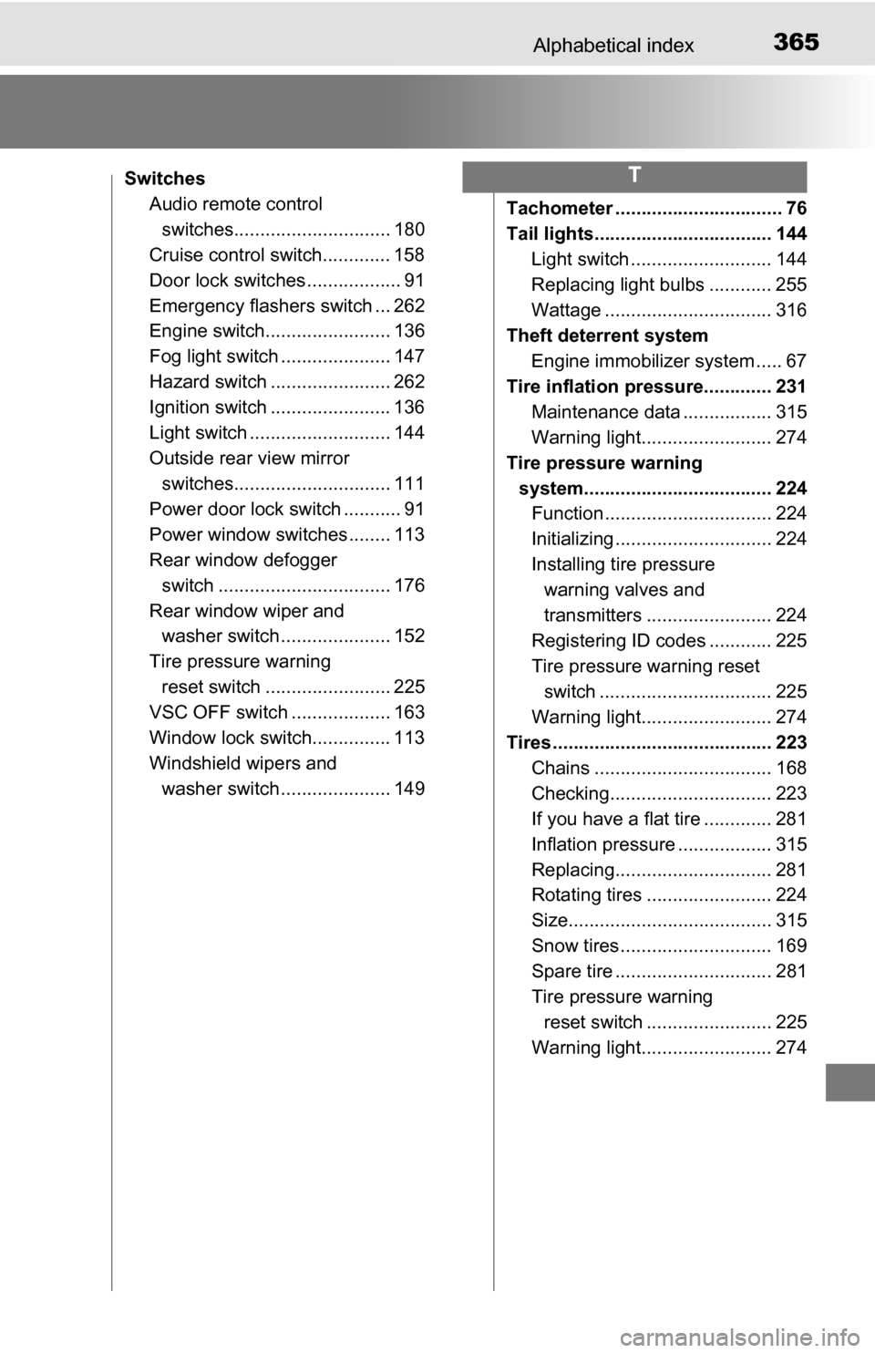 TOYOTA YARIS 2016 3.G Service Manual 365Alphabetical index
SwitchesAudio remote control switches.............................. 180
Cruise control switch............. 158
Door lock switches .................. 91
Emergency flashers switch 