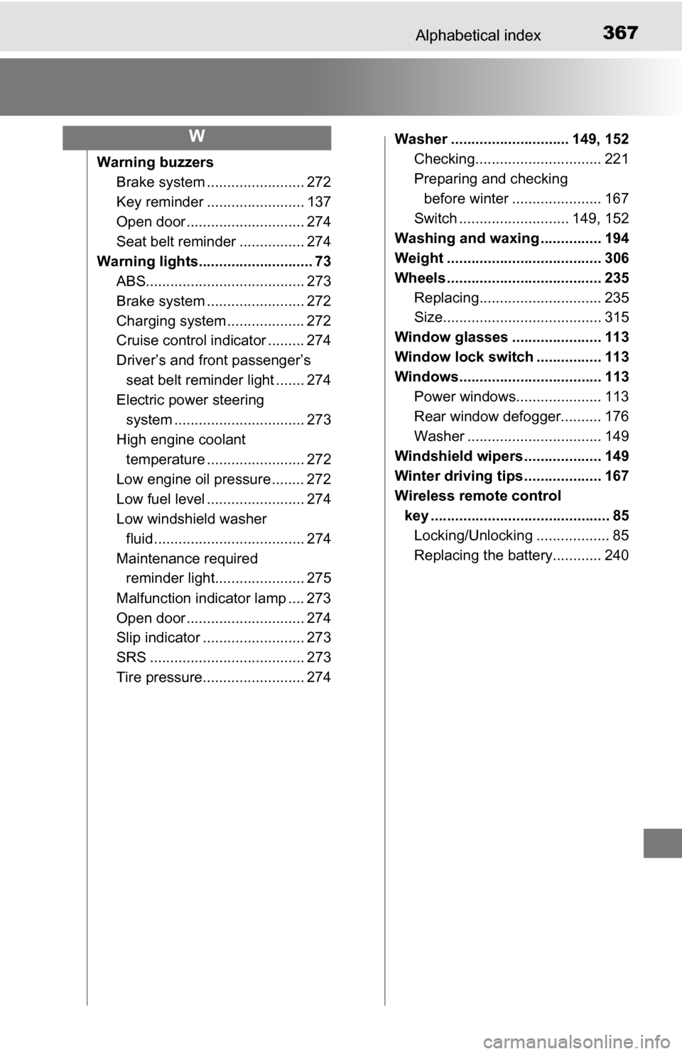 TOYOTA YARIS 2016 3.G User Guide 367Alphabetical index
Warning buzzersBrake system ....... ................. 272
Key reminder ........................ 137
Open door ............................. 274
Seat belt reminder ...............