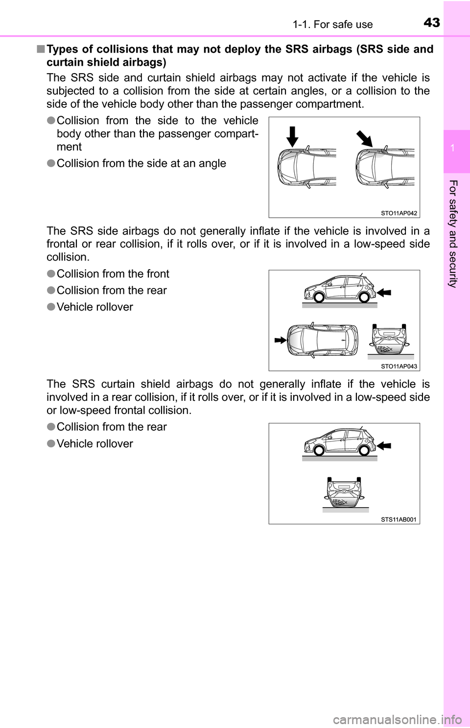TOYOTA YARIS 2016 3.G Service Manual 431-1. For safe use
1
For safety and security
■Types of collisions that may not deploy the SRS airbags (SRS side and
curtain shield airbags)
The SRS side and curtain shield airbags may not activate TOYOTA YARIS 2016 3.G Service Manual 431-1. For safe use
1
For safety and security
■Types of collisions that may not deploy the SRS airbags (SRS side and
curtain shield airbags)
The SRS side and curtain shield airbags may not activate