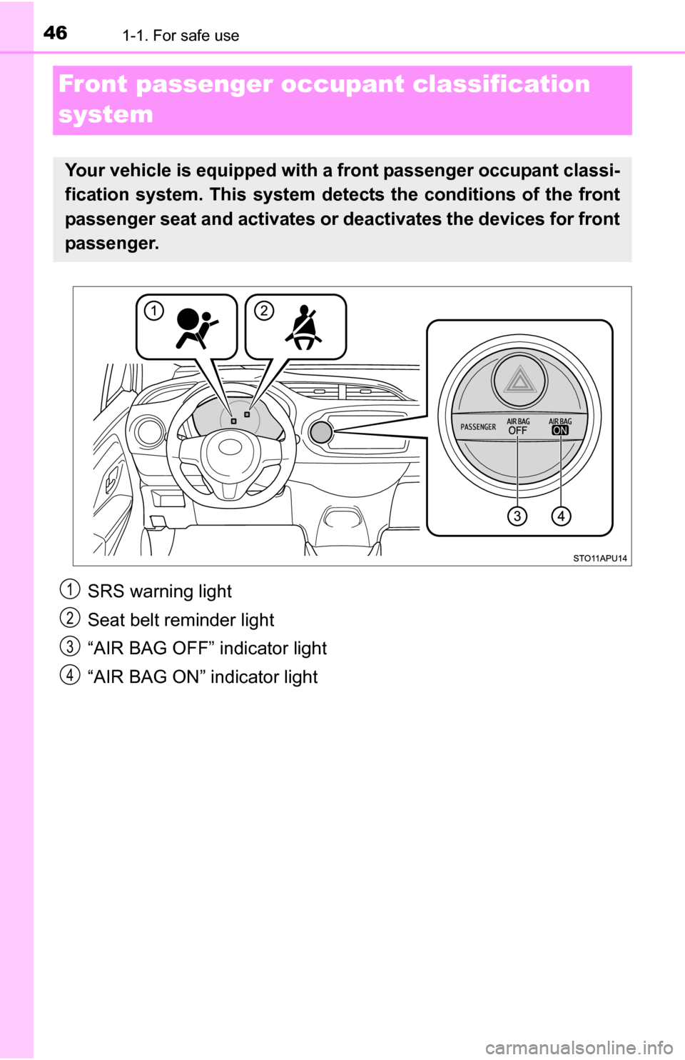 TOYOTA YARIS 2016 3.G Service Manual 461-1. For safe use
Front passenger occupant classification 
system
SRS warning light
Seat belt reminder light
“AIR BAG OFF” indicator light
“AIR BAG ON” indicator light
Your vehicle is equipp