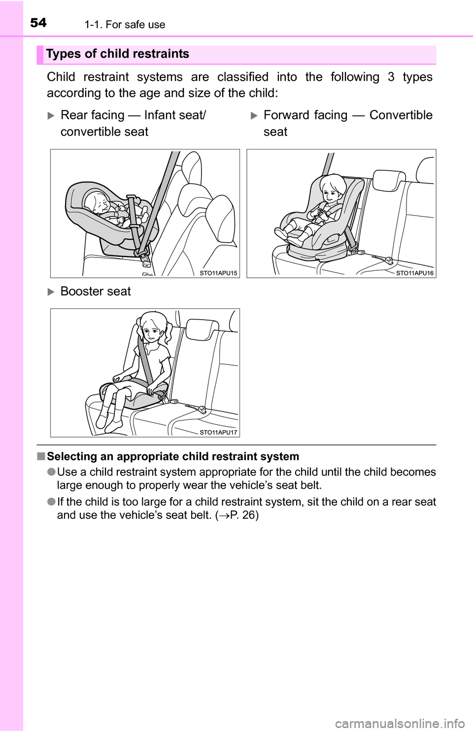 TOYOTA YARIS 2016 3.G Workshop Manual 541-1. For safe use
Child restraint systems are classified into the following 3 types
according to the age and size of the child:
■Selecting an appropriate child restraint system
●Use a child rest