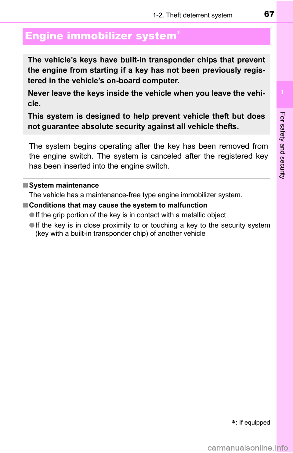 TOYOTA YARIS 2016 3.G User Guide 671-2. Theft deterrent system
1
For safety and security
Engine immobilizer system
The system begins operating after the key has been removed from
the engine switch. The system is canceled after the