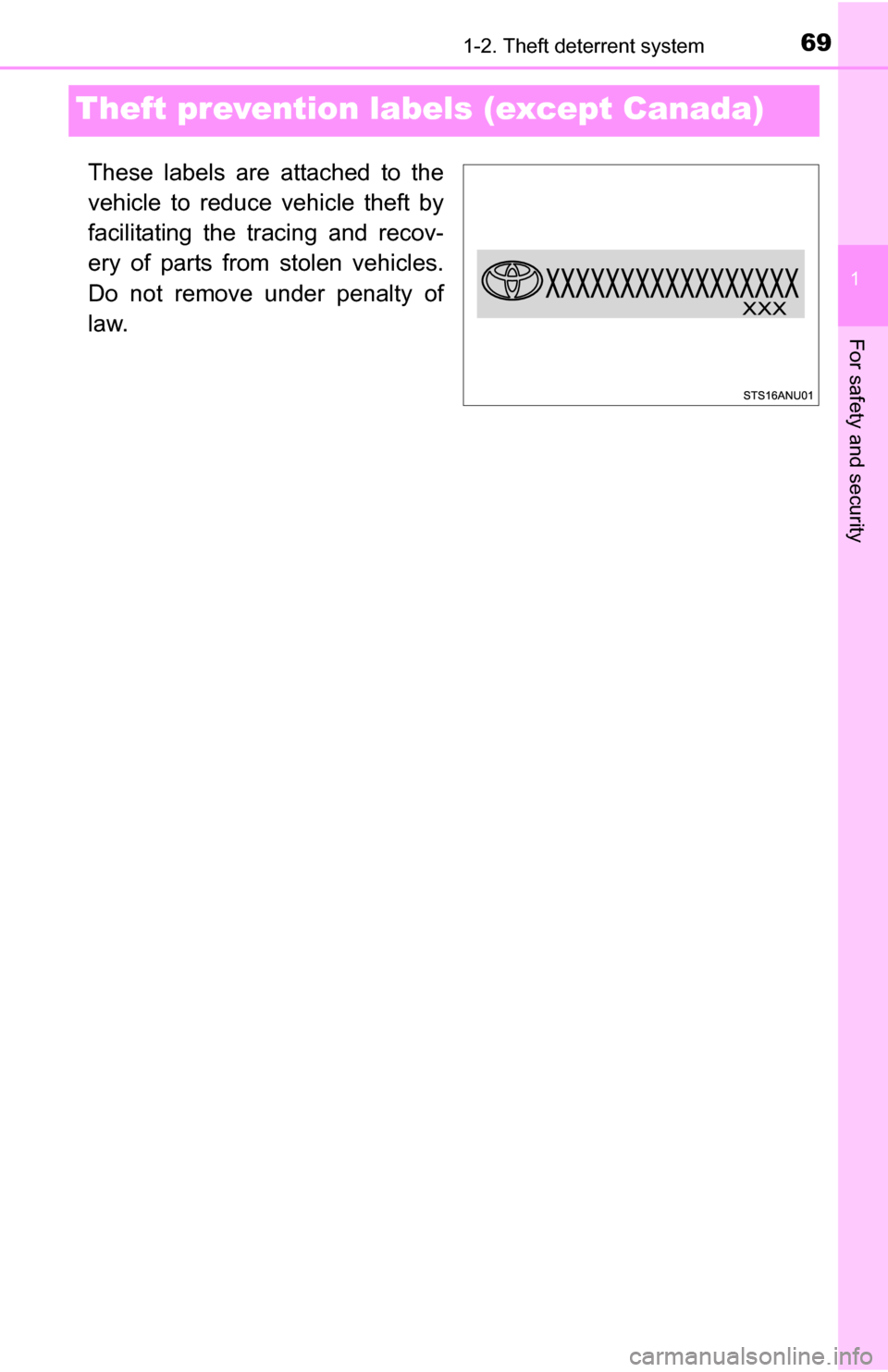 TOYOTA YARIS 2016 3.G Repair Manual 691-2. Theft deterrent system
1
For safety and security
Theft prevention labels (except Canada)
These labels are attached to the
vehicle to reduce vehicle theft by
facilitating the tracing and recov-
