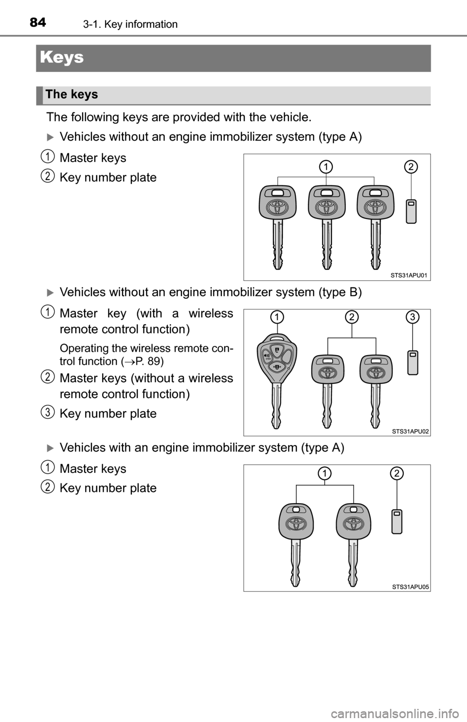 TOYOTA YARIS 2016 3.G User Guide 843-1. Key information
Keys
The following keys are provided with the vehicle.
Vehicles without an engine immobilizer system (type A)
Master keys
Key number plate
Vehicles without an engine  immo