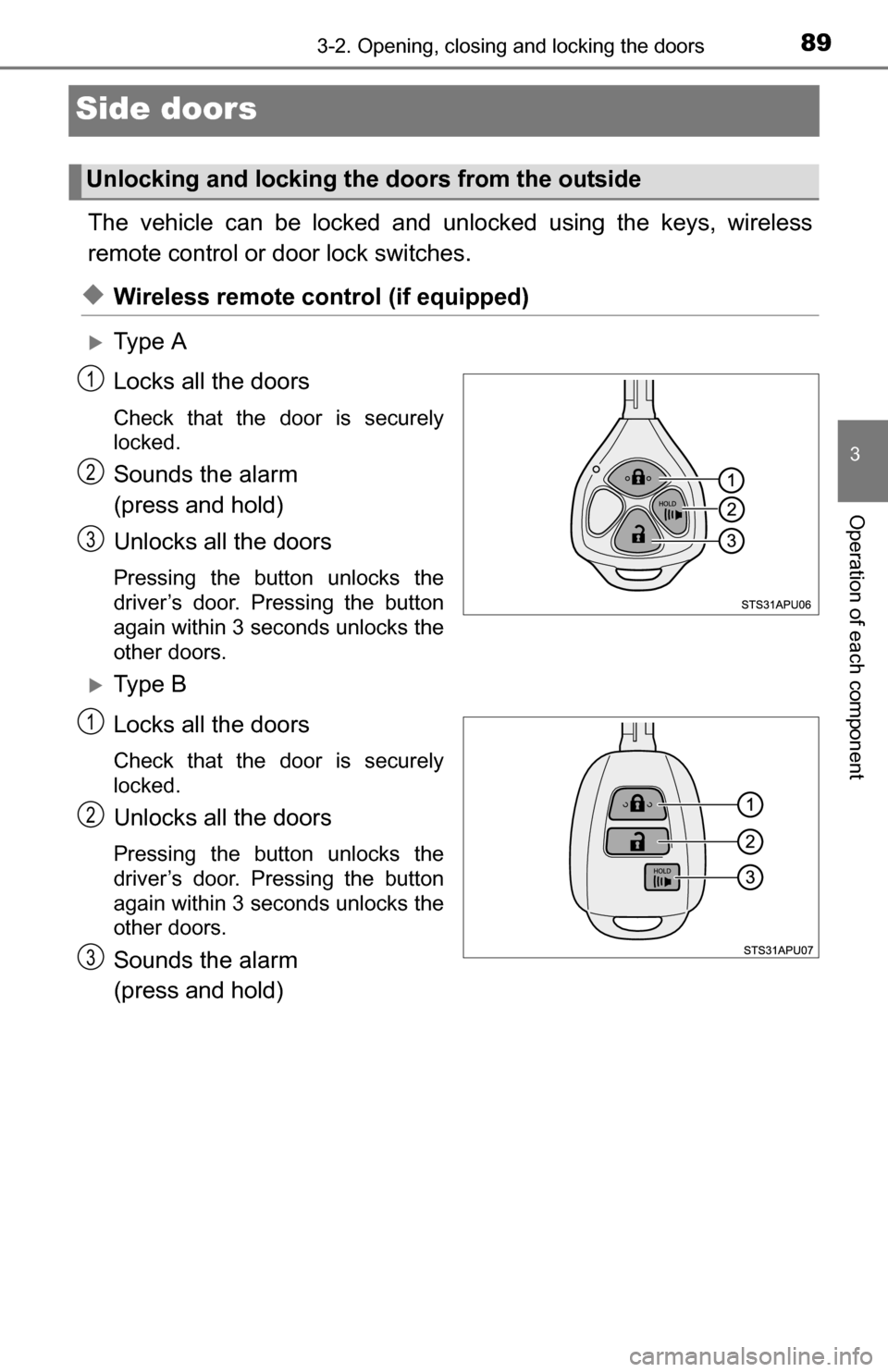 TOYOTA YARIS 2016 3.G Manual Online 893-2. Opening, closing and locking the doors
3
Operation of each component
Side doors
The vehicle can be locked and unlocked using the keys, wireless
remote control or door lock switches.
◆Wireless
