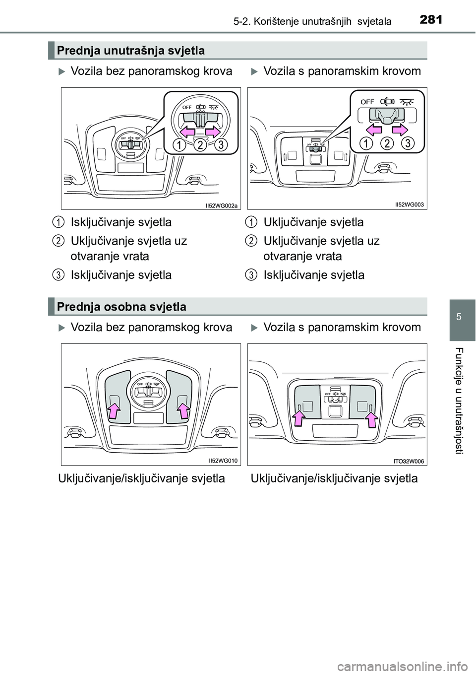 TOYOTA PRIUS PLUS 2017  Upute Za Rukovanje (in Croatian) 2815-2. Korištenje unutrašnjih  svjetala
5
Funkcije u unutrašnjosti
Prednja unutrašnja svjetla
Vozila bez panoramskog krovaVozila s panoramskim krovom
Isključivanje svjetla
Uključivanje sv