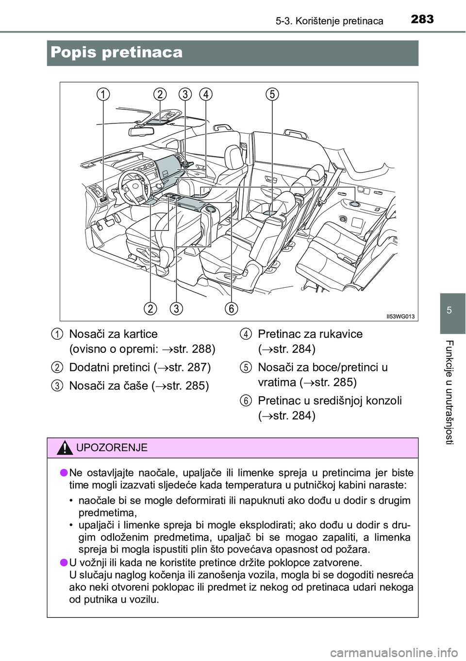 TOYOTA PRIUS PLUS 2017  Upute Za Rukovanje (in Croatian) 2835-3. Korištenje pretinaca
5
Funkcije u unutrašnjosti
Popis pretinaca
Nosači za kartice 
(ovisno o opremi: str. 288)
Dodatni pretinci (str. 287)
Nosači za čaše (str. 285)Pretinac za r