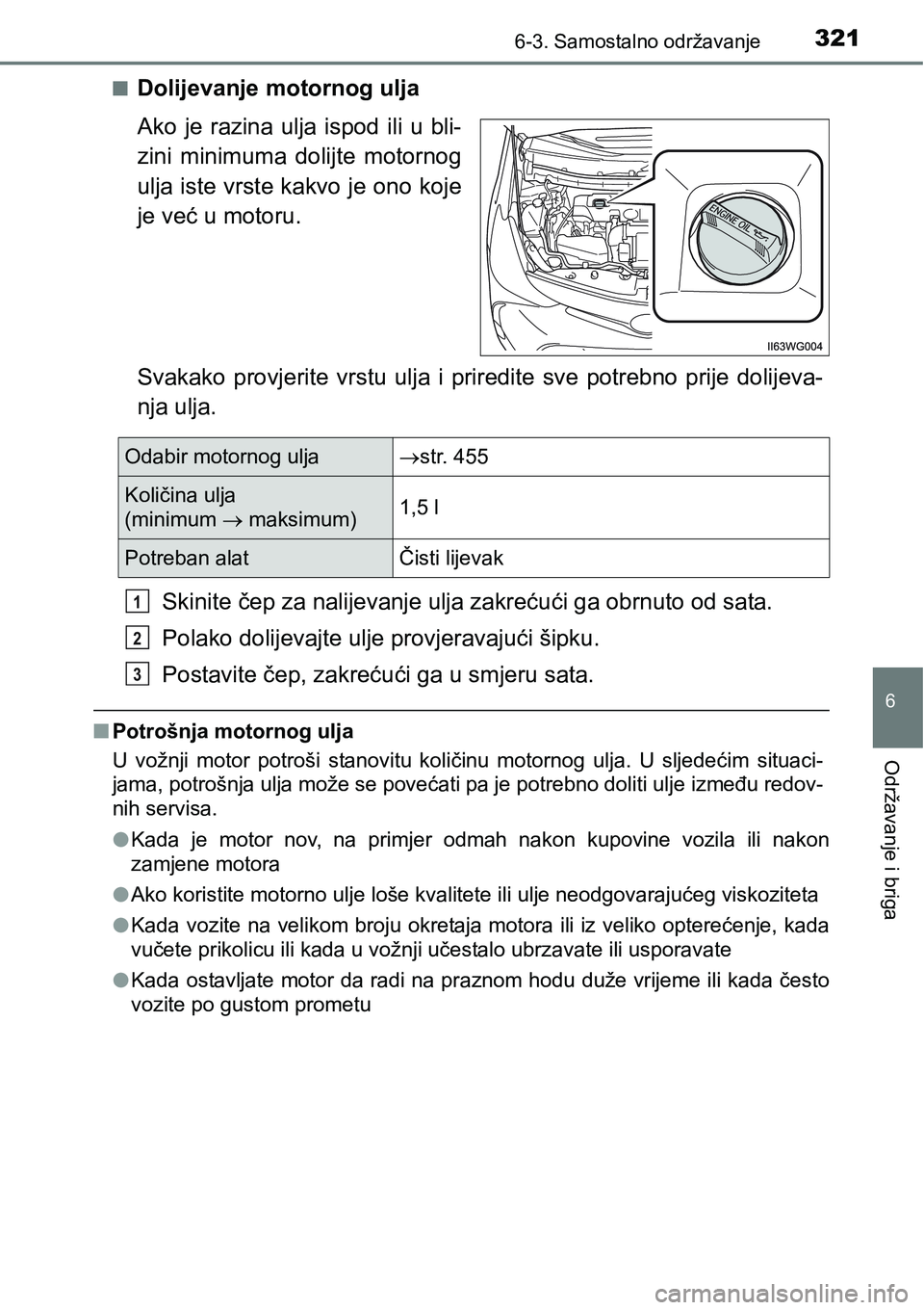 TOYOTA PRIUS PLUS 2017  Upute Za Rukovanje (in Croatian) 3216-3. Samostalno održavanje
6
Održavanje i briga
nDolijevanje motornog ulja
Ako  je  razina  ulja  ispod  ili  u  bli-
zini  minimuma  dolijte  motornog
ulja iste vrste kakvo je ono koje
je već u