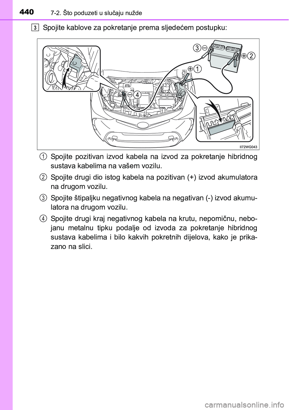 TOYOTA PRIUS PLUS 2017 Upute Za Rukovanje (in Croatian) 4407-2. Što poduzeti u slučaju nužde
Spojite kablove za pokretanje prema sljedećem postupku:
Spojite pozitivan izvod kabela na izvod za pokretanje hibridnog
sustava kabelima na vašem vozil TOYOTA PRIUS PLUS 2017 Upute Za Rukovanje (in Croatian) 4407-2. Što poduzeti u slučaju nužde
Spojite kablove za pokretanje prema sljedećem postupku:
Spojite pozitivan izvod kabela na izvod za pokretanje hibridnog
sustava kabelima na vašem vozil