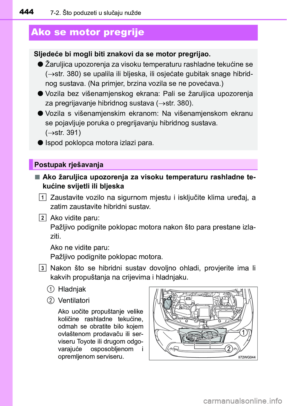 TOYOTA PRIUS PLUS 2017 Upute Za Rukovanje (in Croatian) 4447-2. Što poduzeti u slučaju nužde
Ako se motor pregrije
nAko žaruljica upozorenja za visoku temperaturu rashladne te-
kućine svijetli ili bljeska
Zaustavite vozilo na sigurnom mjest TOYOTA PRIUS PLUS 2017 Upute Za Rukovanje (in Croatian) 4447-2. Što poduzeti u slučaju nužde
Ako se motor pregrije
nAko žaruljica upozorenja za visoku temperaturu rashladne te-
kućine svijetli ili bljeska
Zaustavite vozilo na sigurnom mjest