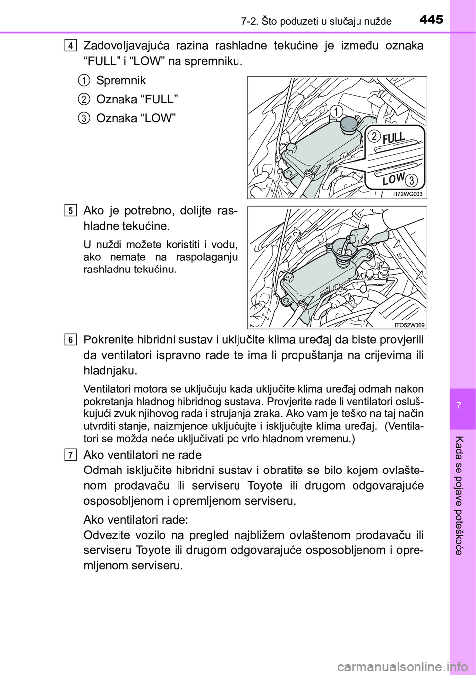 TOYOTA PRIUS PLUS 2017 Upute Za Rukovanje (in Croatian) 4457-2. Što poduzeti u slučaju nužde
7
Kada se pojave poteškoće
Zadovoljavajuća razina rashladne tekućine je između oznaka
“FULL” i “LOW” na spremniku.
Sp rem ni k
Oznaka “FUL TOYOTA PRIUS PLUS 2017 Upute Za Rukovanje (in Croatian) 4457-2. Što poduzeti u slučaju nužde
7
Kada se pojave poteškoće
Zadovoljavajuća razina rashladne tekućine je između oznaka
“FULL” i “LOW” na spremniku.
Sp rem ni k
Oznaka “FUL