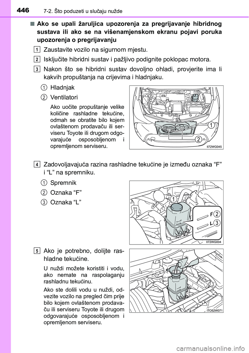 TOYOTA PRIUS PLUS 2017 Upute Za Rukovanje (in Croatian) 4467-2. Što poduzeti u slučaju nužde
nAko se upali žaruljica upozorenja za pregrijavanje hibridnog
sustava ili ako se na višenamjenskom ekranu pojavi poruka
upozorenja o pregrijava TOYOTA PRIUS PLUS 2017 Upute Za Rukovanje (in Croatian) 4467-2. Što poduzeti u slučaju nužde
nAko se upali žaruljica upozorenja za pregrijavanje hibridnog
sustava ili ako se na višenamjenskom ekranu pojavi poruka
upozorenja o pregrijava