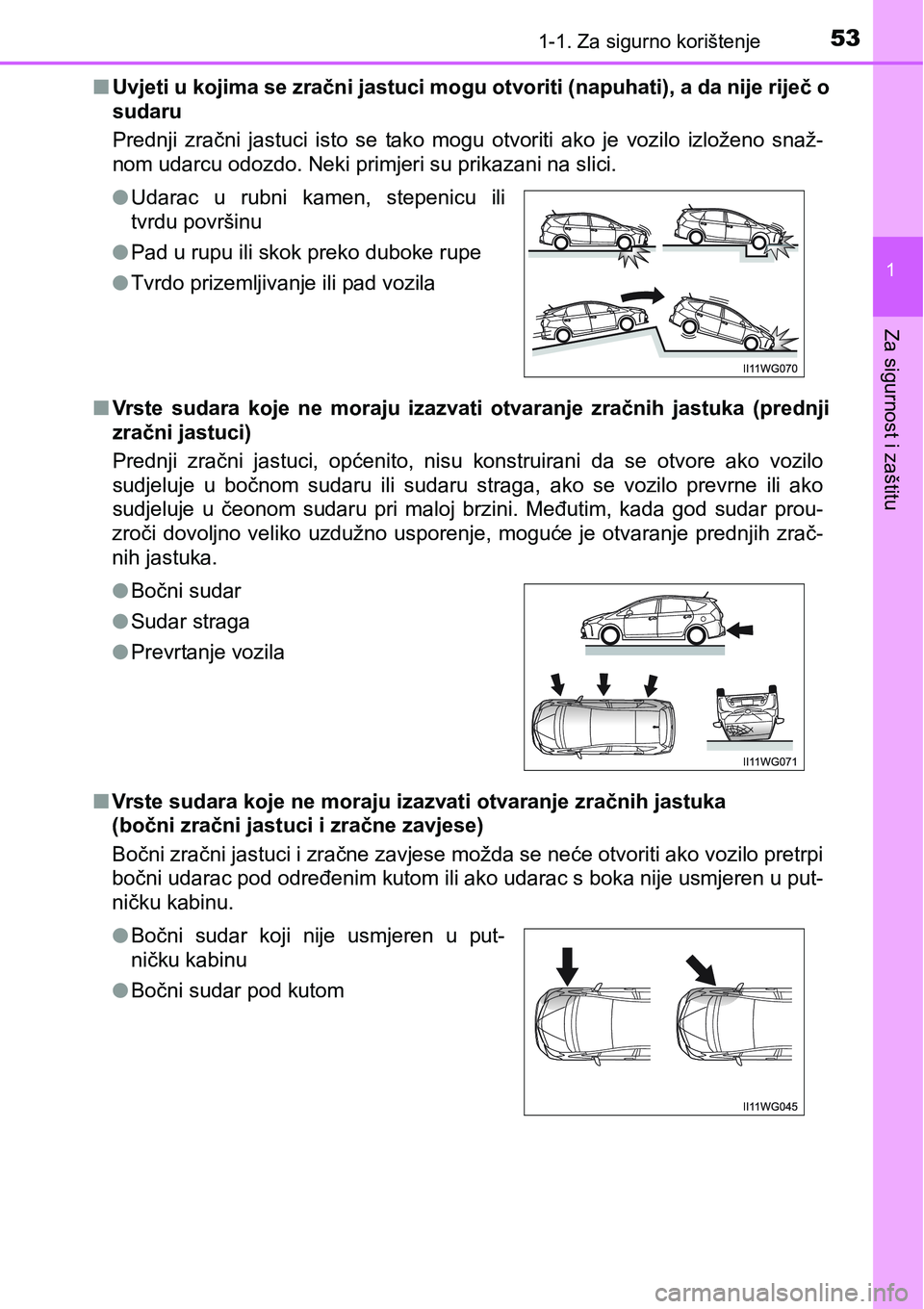TOYOTA PRIUS PLUS 2017 Upute Za Rukovanje (in Croatian) 531-1. Za sigurno korištenje
1
Za sigurnost i zaštitu
nUvjeti u kojima se zračni jastuci mogu otvoriti (napuhati), a da nije riječ o
sudaru
Prednji zračni jastuci isto se tako mogu otvorit TOYOTA PRIUS PLUS 2017 Upute Za Rukovanje (in Croatian) 531-1. Za sigurno korištenje
1
Za sigurnost i zaštitu
nUvjeti u kojima se zračni jastuci mogu otvoriti (napuhati), a da nije riječ o
sudaru
Prednji zračni jastuci isto se tako mogu otvorit