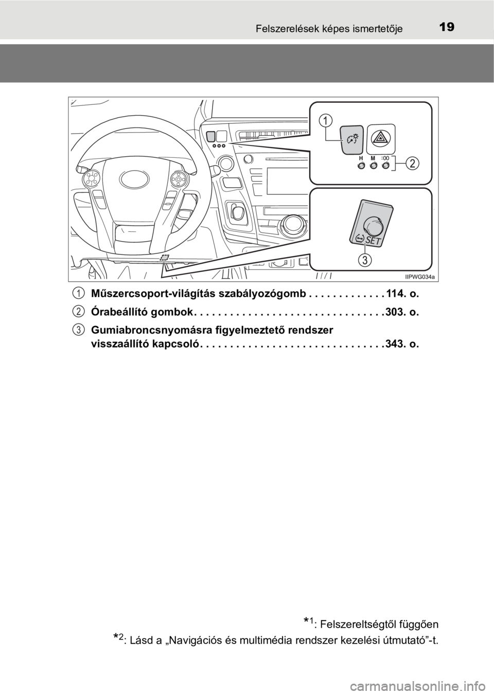 TOYOTA PRIUS PLUS 2017 Kezelési útmutató (in Hungarian) 19Felszerelések képes ismertetője
Műszercsoport-világítás szabályozógomb . . . . . . . . . . . . .114. o.
Órabeállító gombok . . . . . . . . . . . . . . . . . . . . . . . . . . . . . . . TOYOTA PRIUS PLUS 2017 Kezelési útmutató (in Hungarian) 19Felszerelések képes ismertetője
Műszercsoport-világítás szabályozógomb . . . . . . . . . . . . .114. o.
Órabeállító gombok . . . . . . . . . . . . . . . . . . . . . . . . . . . . . . .