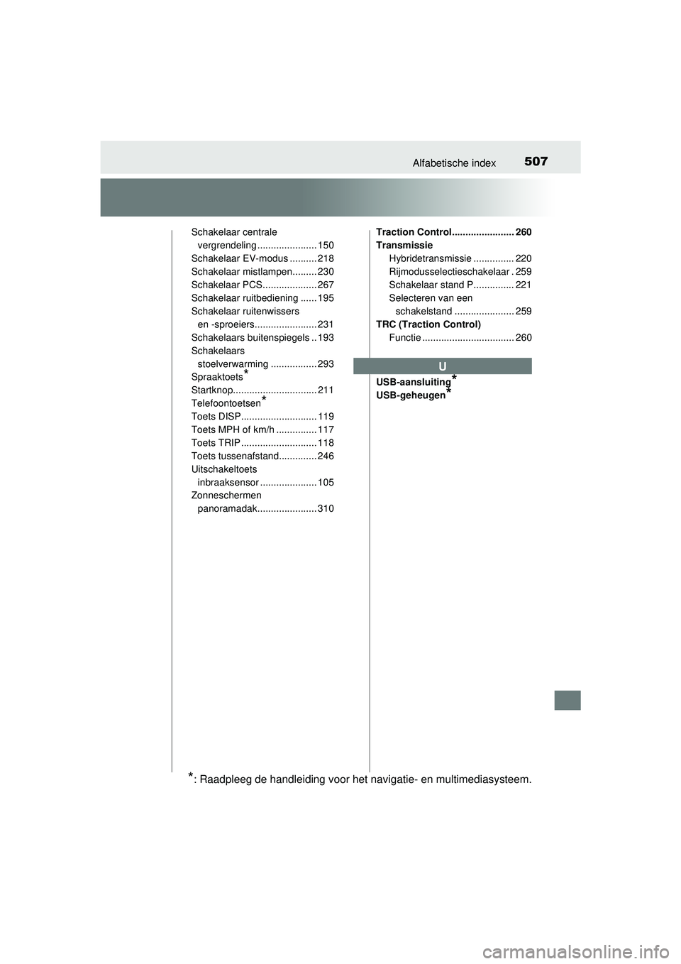 TOYOTA PRIUS PLUS 2017 Instructieboekje (in Dutch) 507Alfabetische index
PRIUS +_OM_OM47B24E_(EE)
Schakelaar centrale vergrendeling ...................... 150
Schakelaar EV-modus .......... 218
Schakelaar mistlampen......... 230
Schakelaar PCS........ TOYOTA PRIUS PLUS 2017 Instructieboekje (in Dutch) 507Alfabetische index
PRIUS +_OM_OM47B24E_(EE)
Schakelaar centrale vergrendeling ...................... 150
Schakelaar EV-modus .......... 218
Schakelaar mistlampen......... 230
Schakelaar PCS........