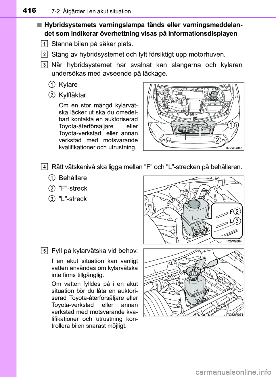 TOYOTA PRIUS PLUS 2017  Bruksanvisningar (in Swedish) 4167-2. Åtgärder i en akut situation
OM47B24SE■
Hybridsystemets varningslampa tänds eller varningsmeddelan-
det som indikerar överhettning visas på informationsdisplayen
Stanna bilen på säker