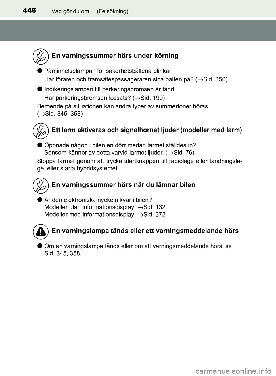 TOYOTA PRIUS PLUS 2017 Bruksanvisningar (in Swedish) 446Vad gör du om ... (Felsökning)
OM47B24SE
●Påminnelselampan för säkerhetsbältena blinkar
Har föraren och framsätespassageraren sina bälten på? (→Sid. 350)
●Indikeringslampan till par TOYOTA PRIUS PLUS 2017 Bruksanvisningar (in Swedish) 446Vad gör du om ... (Felsökning)
OM47B24SE
●Påminnelselampan för säkerhetsbältena blinkar
Har föraren och framsätespassageraren sina bälten på? (→Sid. 350)
●Indikeringslampan till par