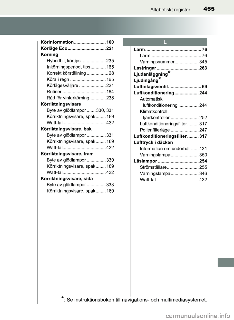 TOYOTA PRIUS PLUS 2017  Bruksanvisningar (in Swedish) 455Alfabetiskt register
OM47B24SE
Körinformation ......................... 100
Körläge Eco .............................. 221
KörningHybridbil, körtips ................... 235
Inkörningsperiod, 