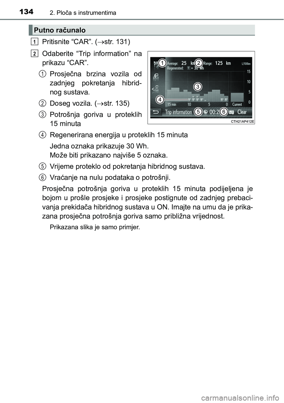TOYOTA PRIUS PLUS 2016  Upute Za Rukovanje (in Croatian) 1342. Ploča s instrumentima
Pritisnite “CAR”. (str. 131)
Odaberite  “Trip  information”  na
prikazu “CAR”.
Prosječna  brzina  vozila  od
zadnjeg  pokretanja  hibrid-
nog sustava.
Dose