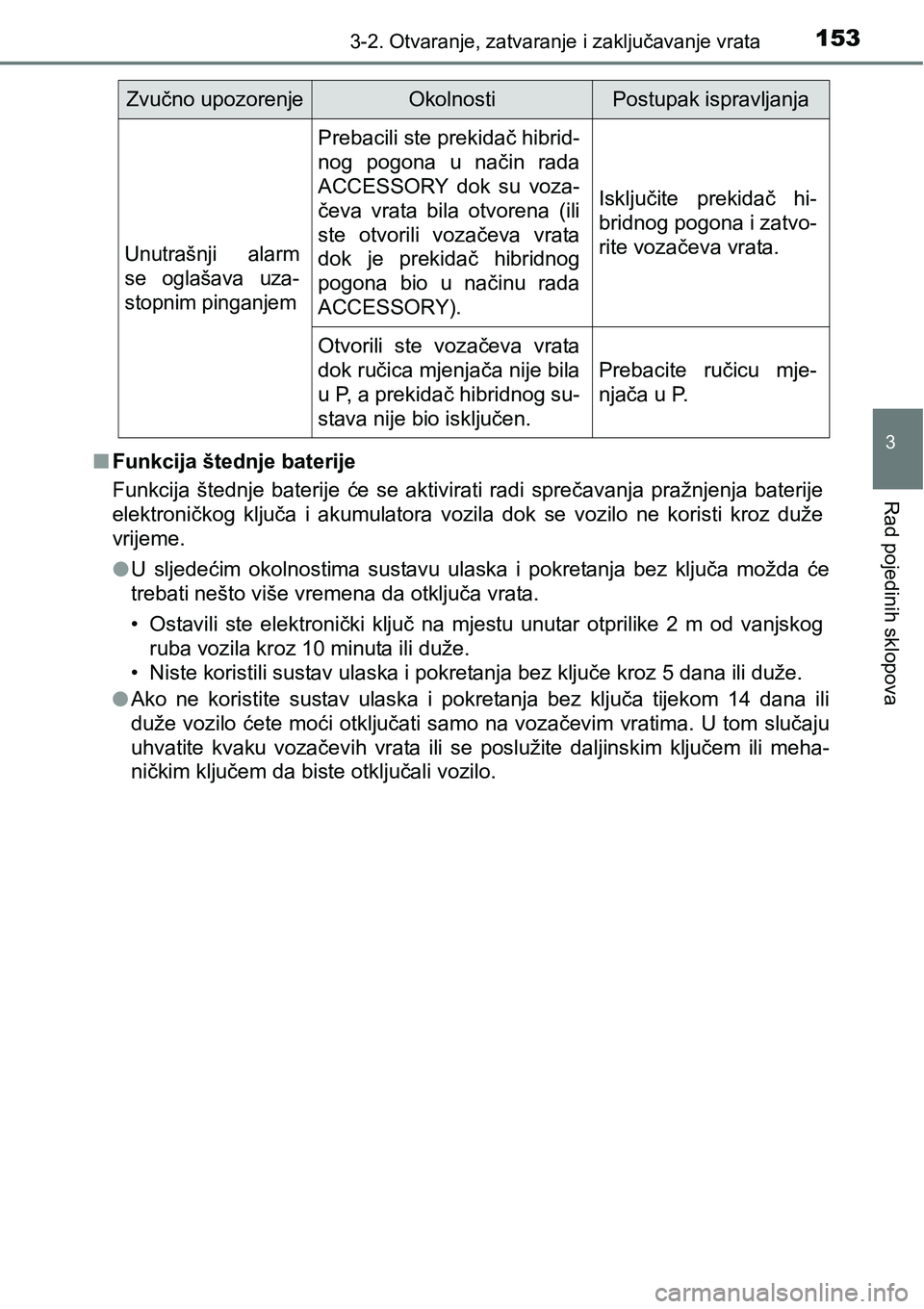 TOYOTA PRIUS PLUS 2016  Upute Za Rukovanje (in Croatian) 1533-2. Otvaranje, zatvaranje i zaključavanje vrata
3
Rad pojedinih sklopova
nFunkcija štednje baterije
Funkcija  štednje  baterije  će  se  aktivirati  radi  sprečavanja  pražnjenja  baterije
e