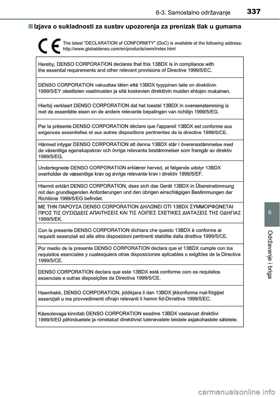 TOYOTA PRIUS PLUS 2016  Upute Za Rukovanje (in Croatian) 3376-3. Samostalno održavanje
6
Održavanje i briga
nIzjava o sukladnosti za sustav upozorenja za prenizak tlak u gumama 