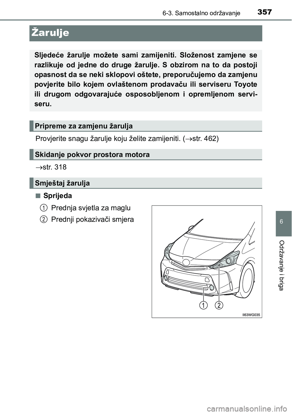 TOYOTA PRIUS PLUS 2016  Upute Za Rukovanje (in Croatian) 3576-3. Samostalno održavanje
6
Održavanje i briga
Žarulje
Provjerite snagu žarulje koju želite zamijeniti. (str. 462)
str. 318
nSprijeda
Prednja svjetla za maglu
Prednji pokazivači smjera