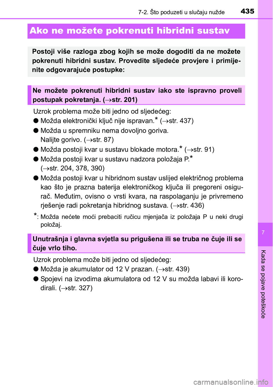 TOYOTA PRIUS PLUS 2016 Upute Za Rukovanje (in Croatian) 4357-2. Što poduzeti u slučaju nužde
7
Kada se pojave poteškoće
Ako ne možete pokrenuti hibridni sustav
Uzrok problema može biti jedno od sljedećeg:
lMožda elektronički ključ nije ispravan. TOYOTA PRIUS PLUS 2016 Upute Za Rukovanje (in Croatian) 4357-2. Što poduzeti u slučaju nužde
7
Kada se pojave poteškoće
Ako ne možete pokrenuti hibridni sustav
Uzrok problema može biti jedno od sljedećeg:
lMožda elektronički ključ nije ispravan.