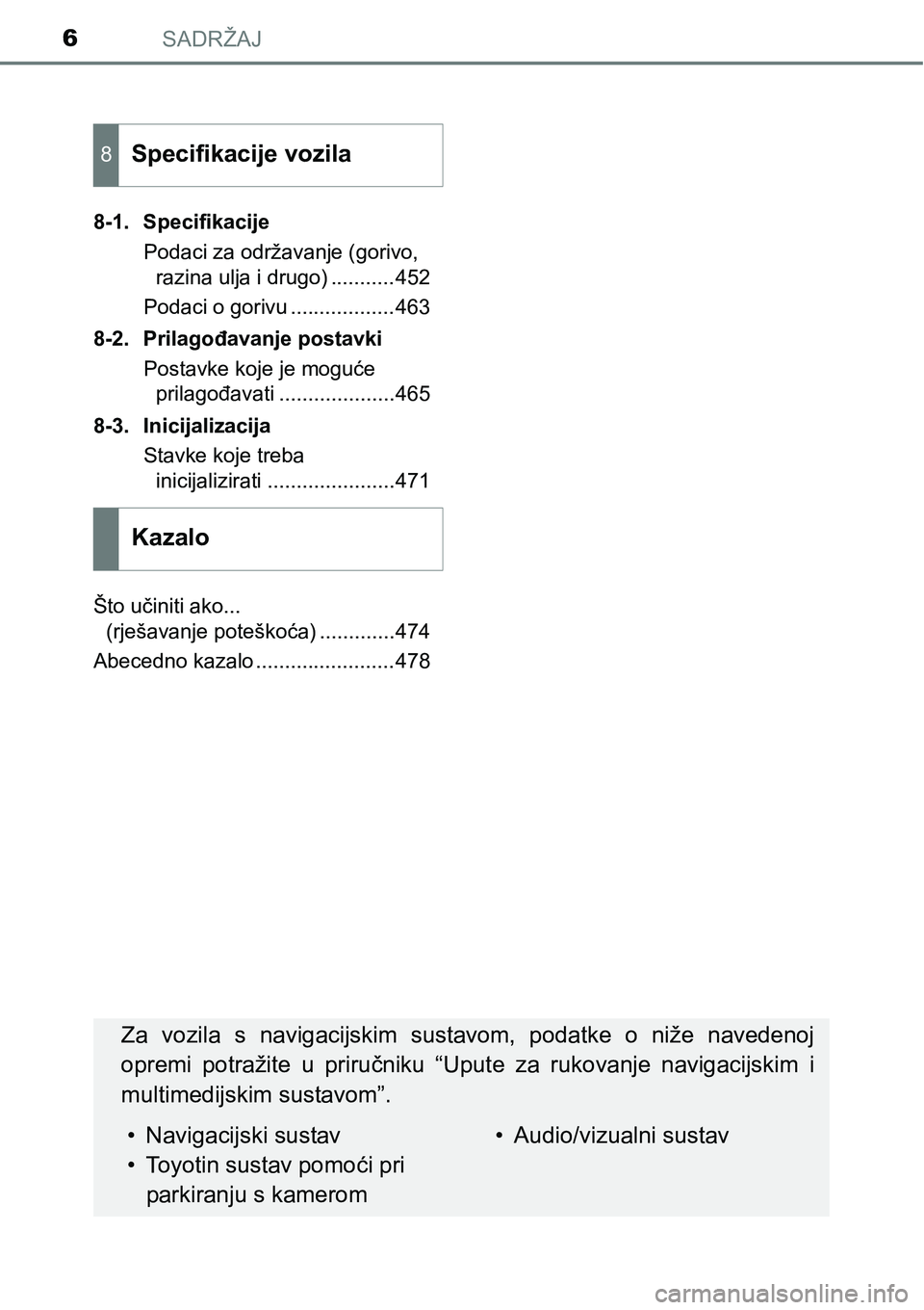 TOYOTA PRIUS PLUS 2016 Upute Za Rukovanje (in Croatian) SADRŽAJ6
8-1. Specifikacije
Podaci za održavanje (gorivo,
razina ulja i drugo) ...........452
Podaci o gorivu ..................463
8-2. Prilagođavanje postavki
Postavke koje je moguće
prilagođa TOYOTA PRIUS PLUS 2016 Upute Za Rukovanje (in Croatian) SADRŽAJ6
8-1. Specifikacije
Podaci za održavanje (gorivo,
razina ulja i drugo) ...........452
Podaci o gorivu ..................463
8-2. Prilagođavanje postavki
Postavke koje je moguće
prilagođa