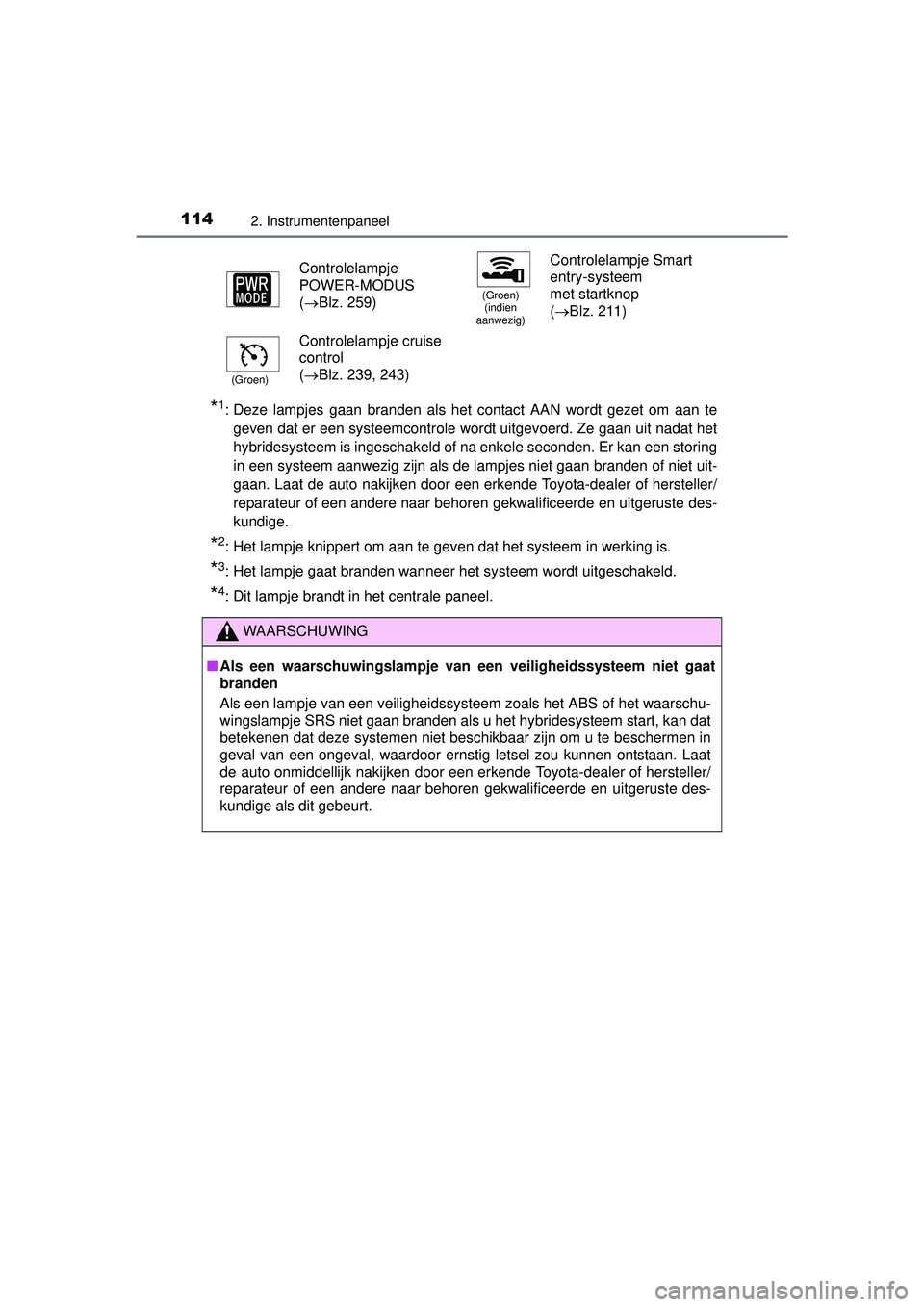 TOYOTA PRIUS PLUS 2016 Instructieboekje (in Dutch) 1142. Instrumentenpaneel
PRIUS +_OM_OM47B24E_(EE)
*1: Deze lampjes gaan branden als het contact AAN wordt gezet om aan tegeven dat er een systeemcontrole wordt uitgevoerd. Ze gaan uit nadat het
hybrid TOYOTA PRIUS PLUS 2016 Instructieboekje (in Dutch) 1142. Instrumentenpaneel
PRIUS +_OM_OM47B24E_(EE)
*1: Deze lampjes gaan branden als het contact AAN wordt gezet om aan tegeven dat er een systeemcontrole wordt uitgevoerd. Ze gaan uit nadat het
hybrid